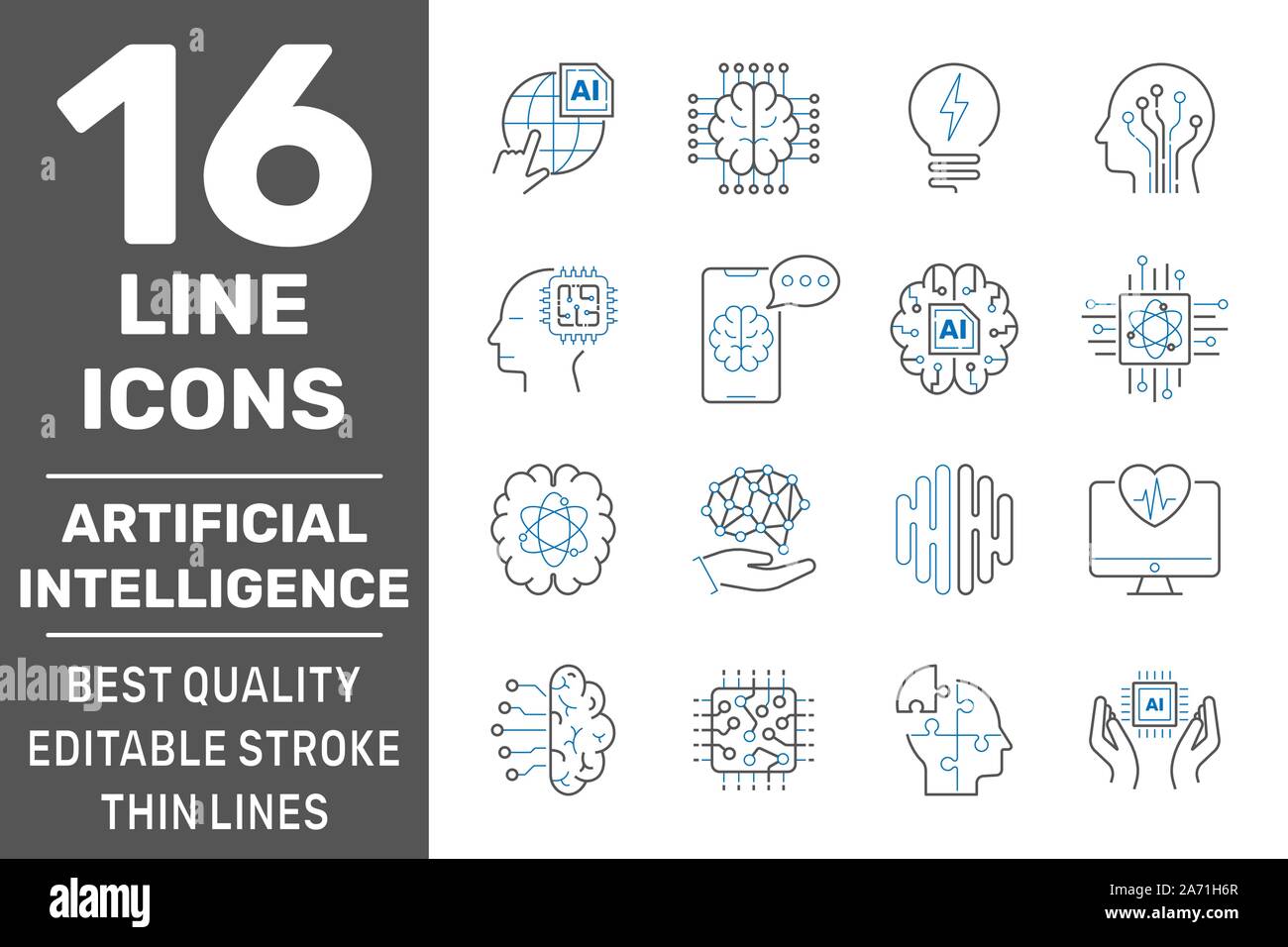 Machine learning and artificial intelligence icons set. Deep learning neural network concept. Editable Stroke. EPS 10 Stock Vector