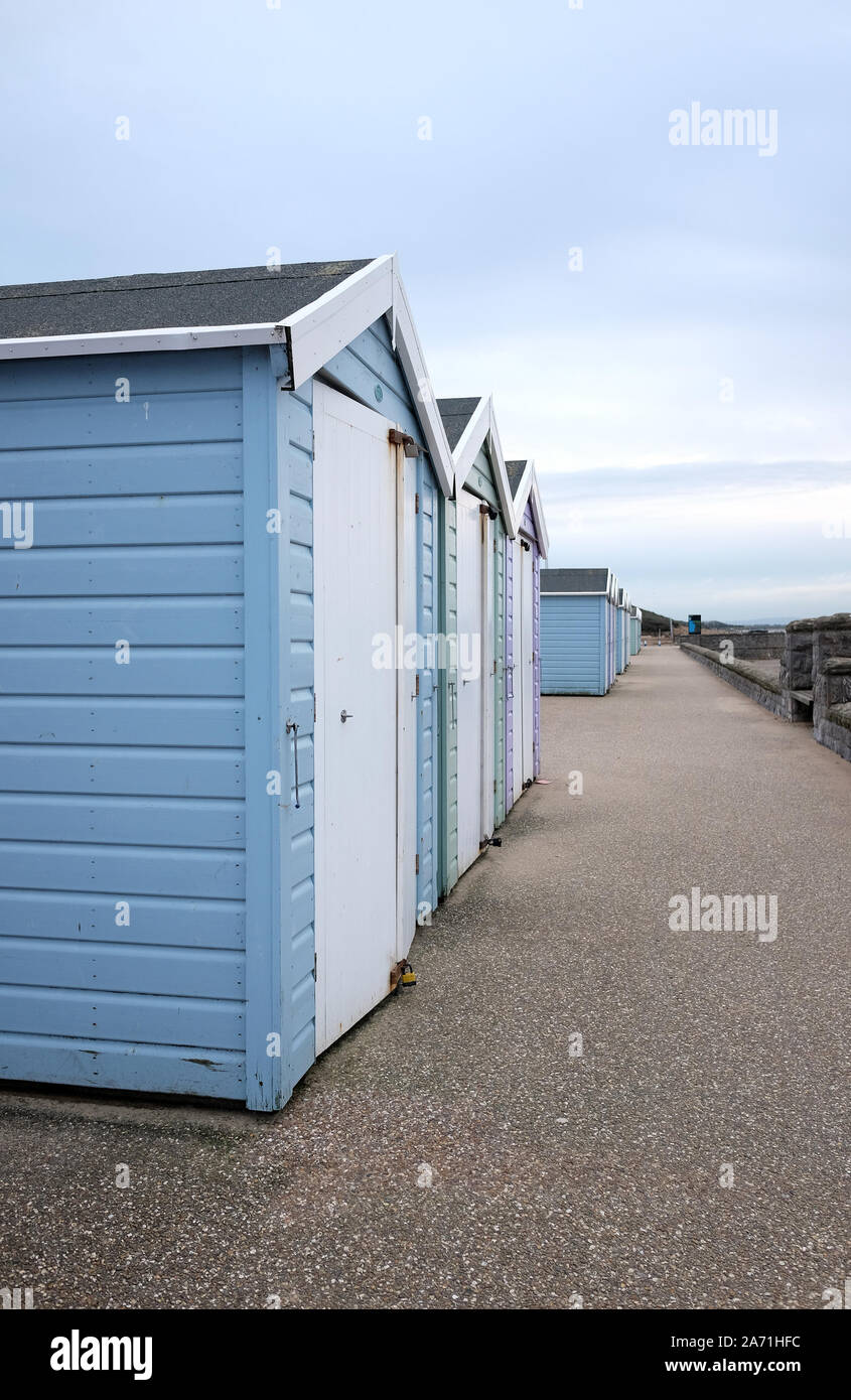October 2019 Beach huts on the sea front at Weston super Mare, UK