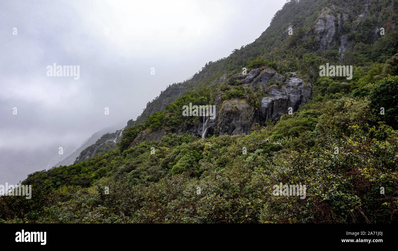 Franz Josef Glacier and valley floor in Summer/Spring Tme, Westland, South Island, New Zealand. Stock Photo