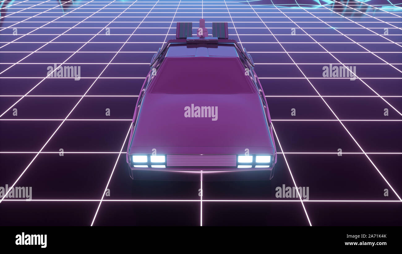 Cyberpunk car in 80s style moves on a virtual neon landscape. 3d