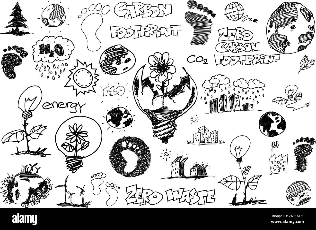 many sketches and doodles regarding nature and carbon footprint and environment Stock Vector