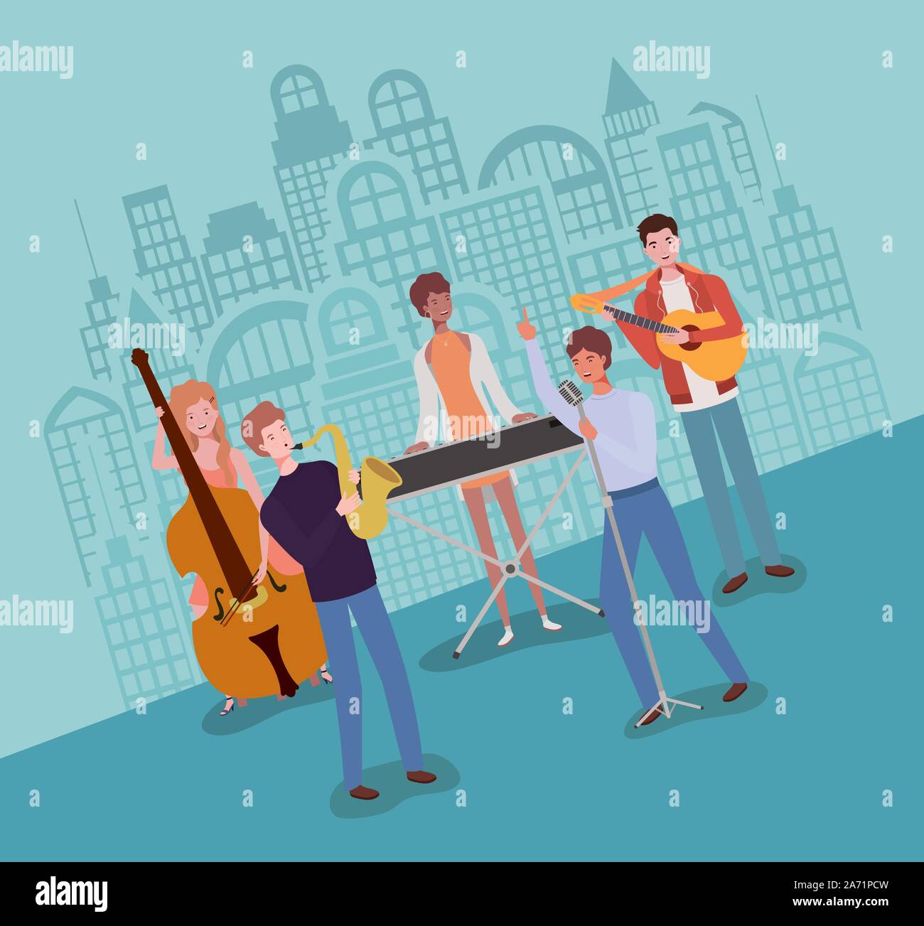 group music band playing instruments characters Stock Vector Image