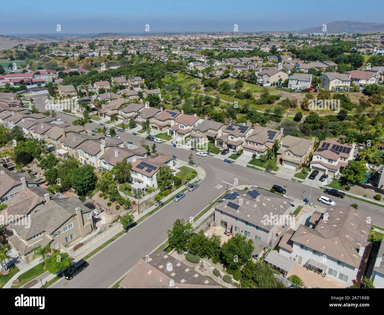 Aerial view suburban neighborhood with big villas next to each other in
