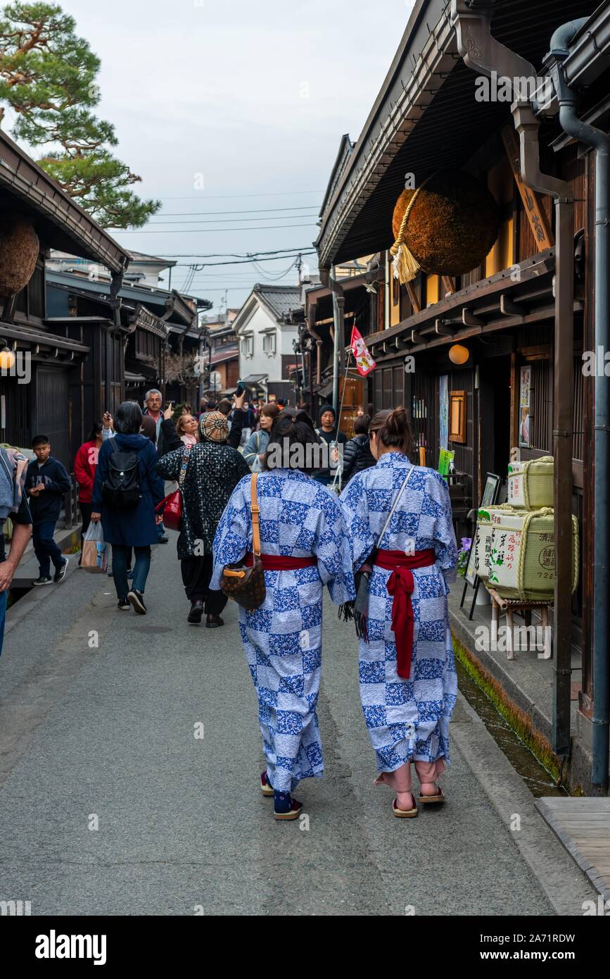 Tourists in the Old Town, Shimosannomachi, Takayama, Gifu, Japan Stock Photo