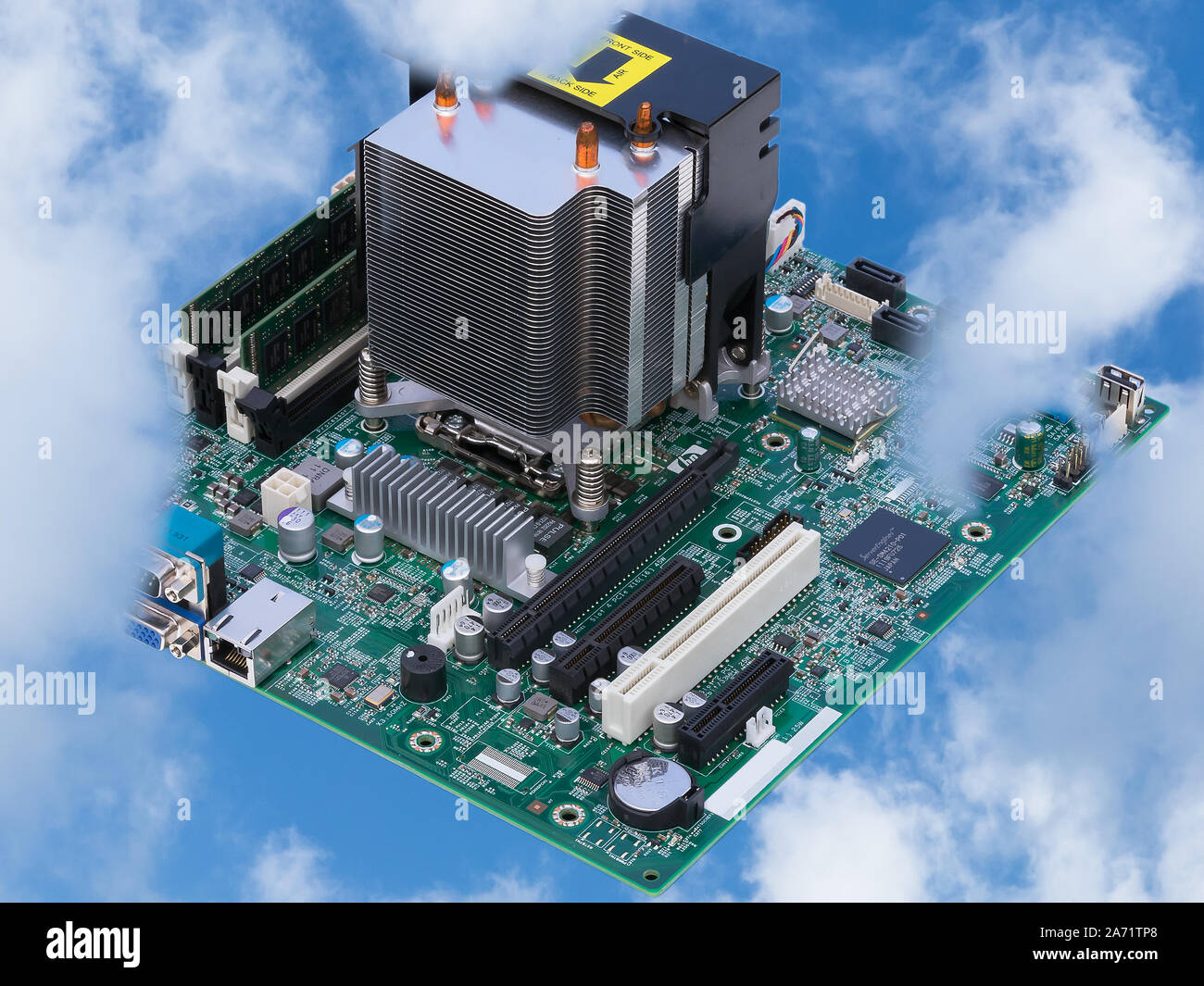 creative photo with motherboard in the cloud looks like city skyline