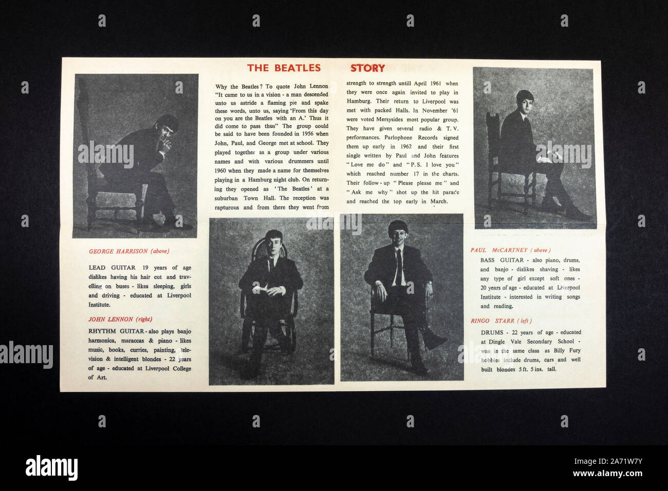 Replica memorabilia relating to the Beatles:  Profiles inside the programme for The Beatles appearance at the Royal Hall Harrogate, 8th March 1963. Stock Photo