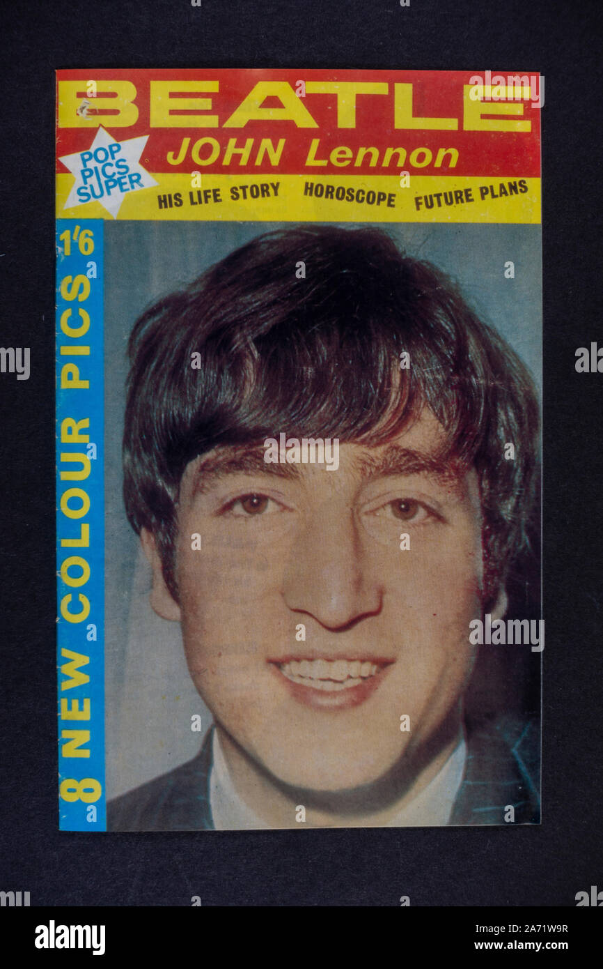 Replica memorabilia relating to the Beatles: THE BEATLES Pop Pics Super magazine for John Lennon. Stock Photo