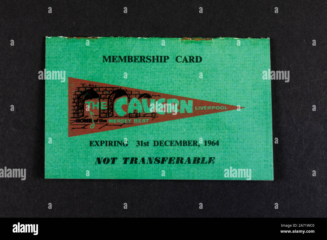 Replica memorabilia relating to the Beatles: Membership card for The Cavern in Liverpool, which expires 31st December 1964. Stock Photo