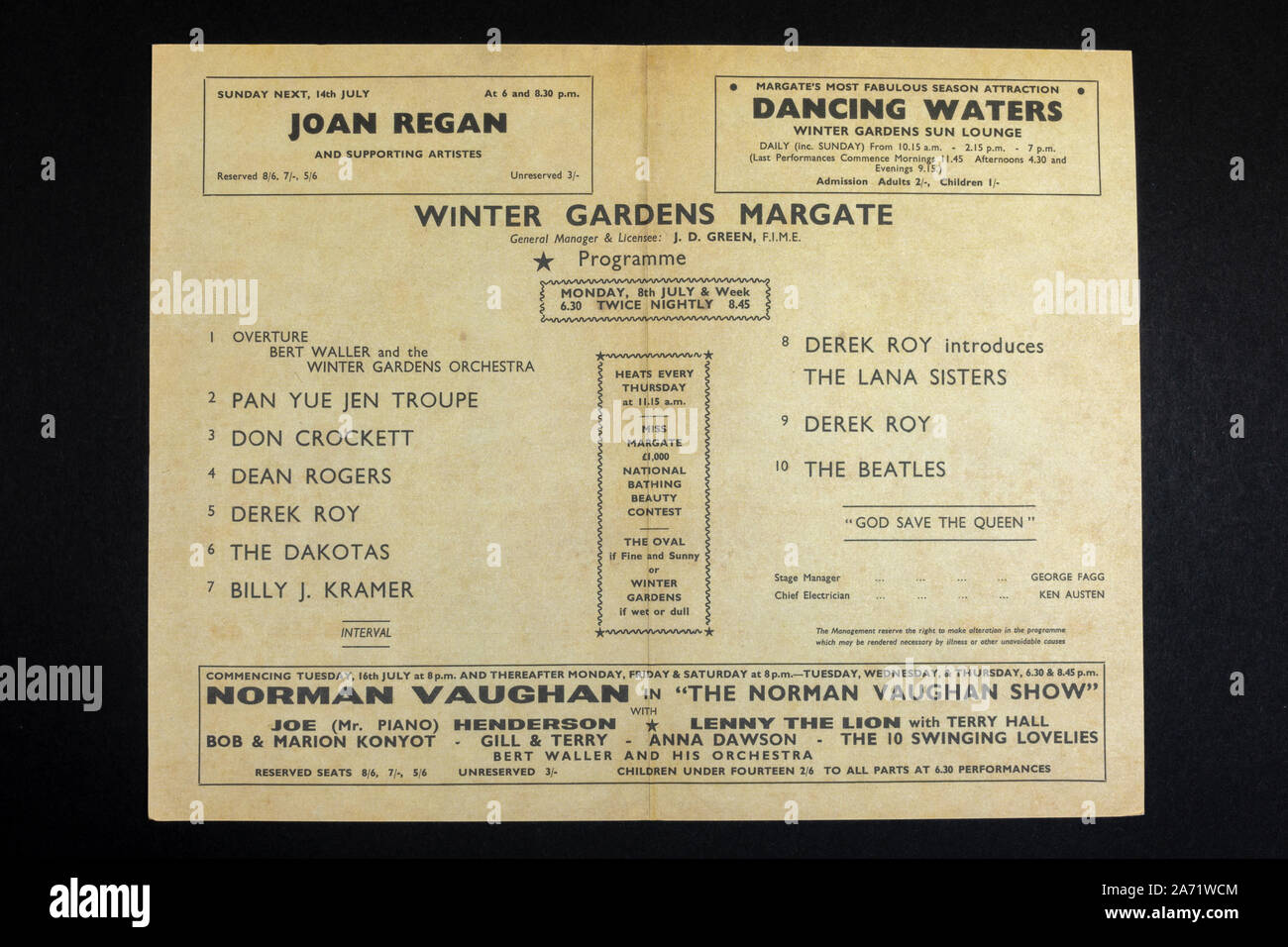Replica memorabilia relating to the Beatles: Inside the programme for The Beatles appearance at Winter Gardens, Margate, 8-13th July 1963. Stock Photo