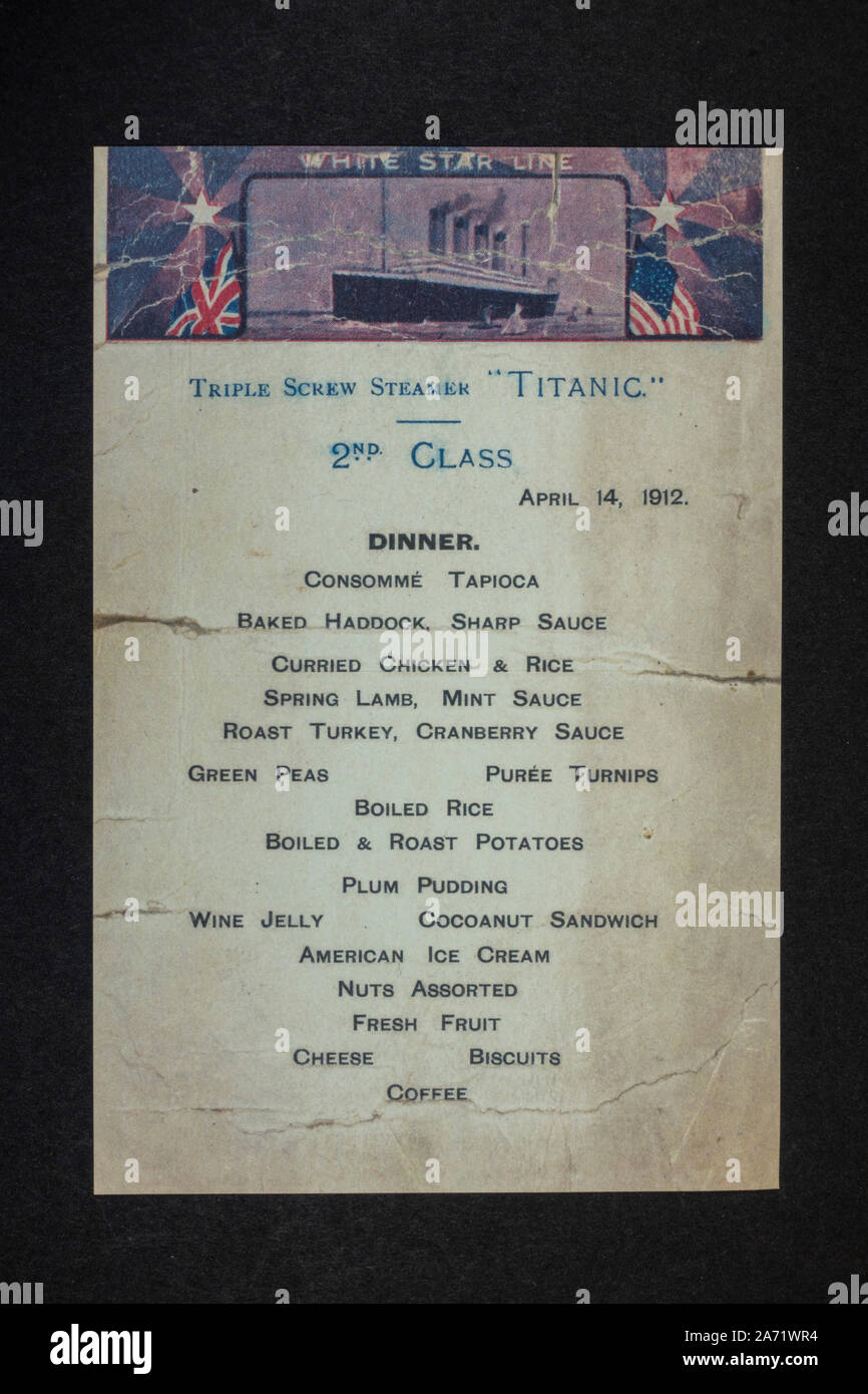 Replica memorabilia relating to the Titanic Second class dinner menu