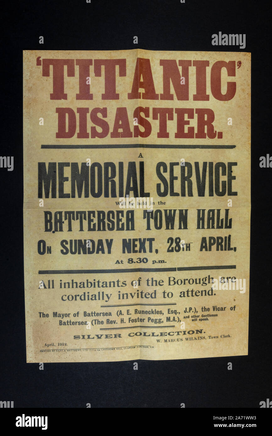 Replica memorabilia relating to the Titanic: Poster for a 'Titanic Service Memorial Service in Battersea Town Hall, 28th April 1912. Stock Photo