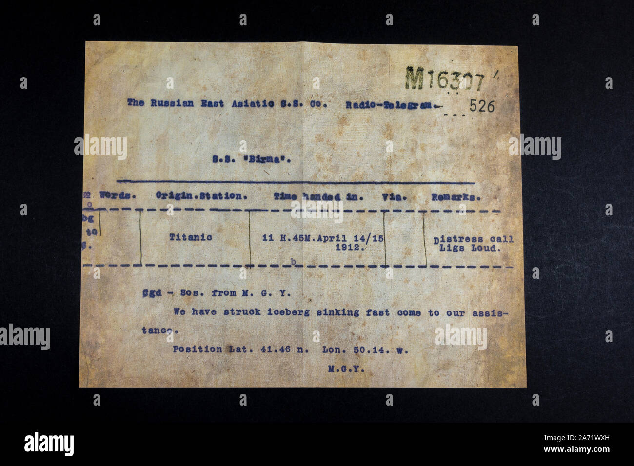 Replica memorabilia relating to the Titanic: Distress call message received by SS Birrna advising the Titanic had hit an iceberg and was sinking. Stock Photo