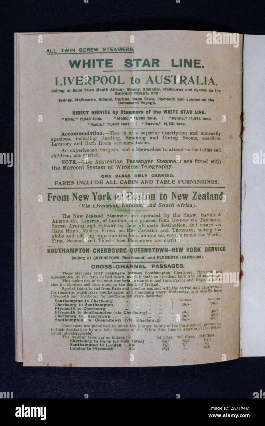Replica memorabilia relating to the Titanic: Advert for additional steamer services in the 1st Class White Star Line passenger brochure. Stock Photo