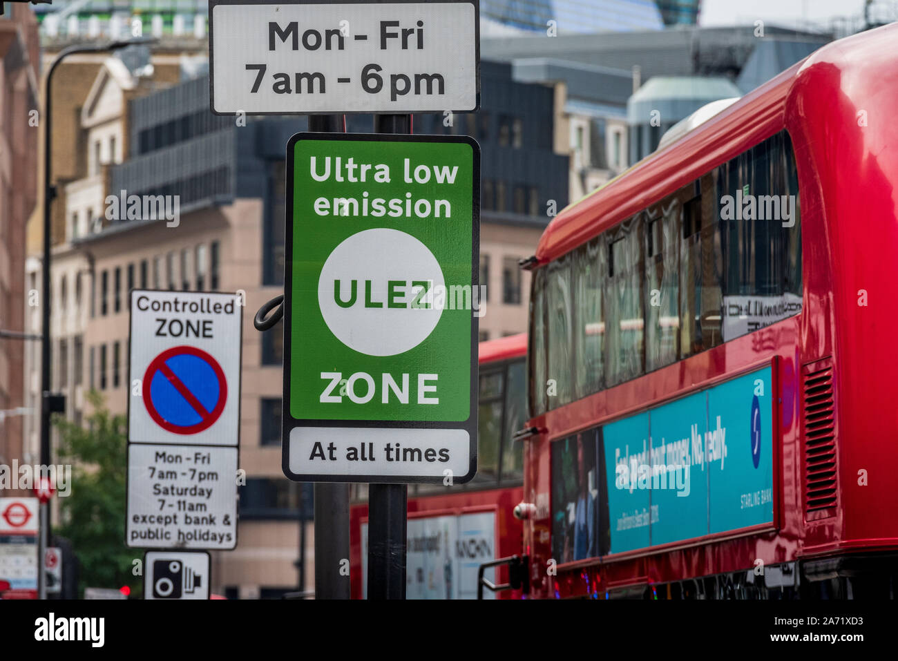 ULEZ Ultra Low Emission Zone Sign London - Signs for the new Ultra Low Emission Zone in central London implemented by Transport for London TFL in 2019 Stock Photo