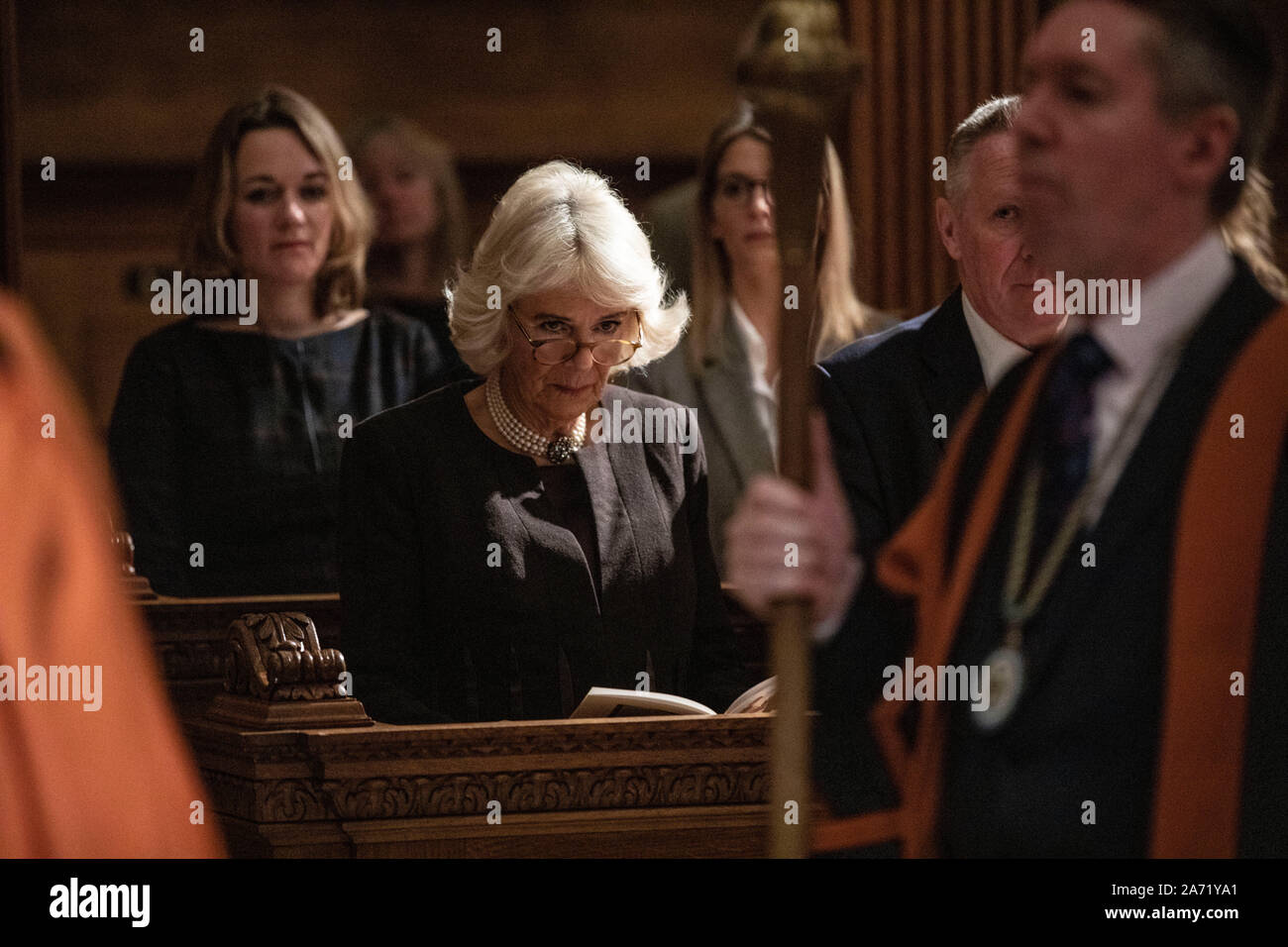 London, UK. 29th Oct, 2019. St Bride's Church, Fleet Street - Picture shows Camilla, Duchess of Cornwall sat with Baron Black of Brentwood , Executive Director of Telegraph Media Group attending a Service of Remembrance Celebration to commemorate and support the journalists, photographers, camera-crew and support staff whose mission it is to bring us the news. Credit: Jeff Gilbert/Alamy Live News Stock Photo
