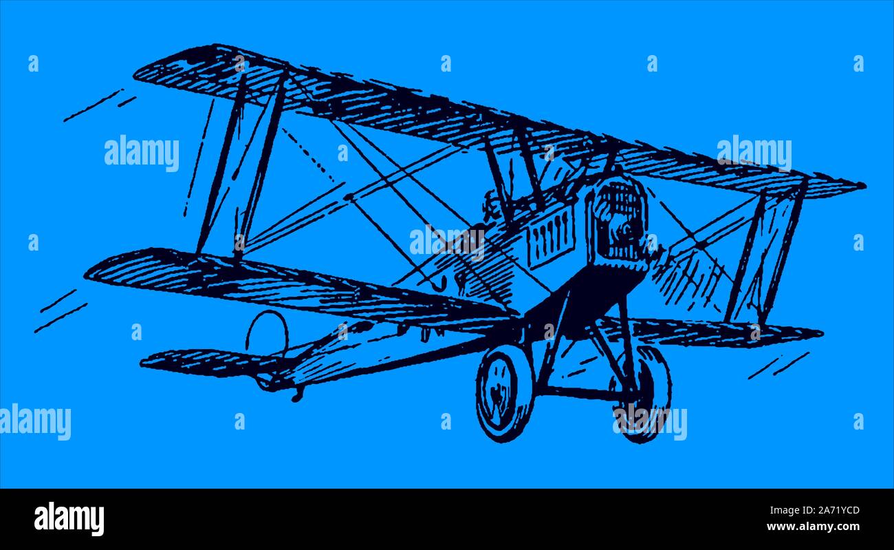 Antique biplane aircraft flying under a dark blue sky. Editable in layers Stock Vector