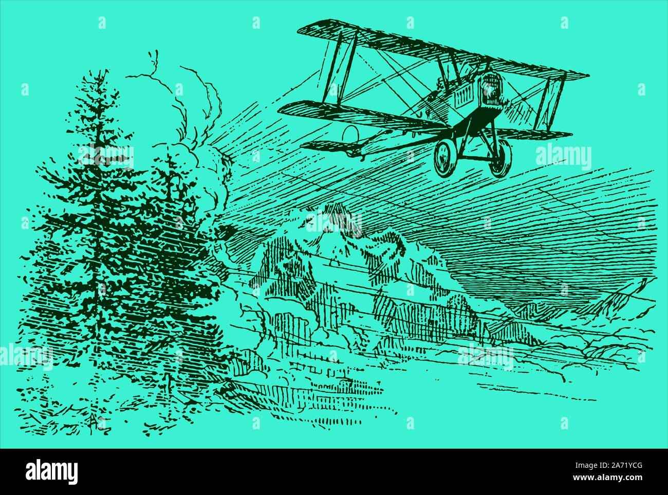 Historical biplane aircraft flying over a mountaineous region with trees on a blue-green background. Editable in layers Stock Vector