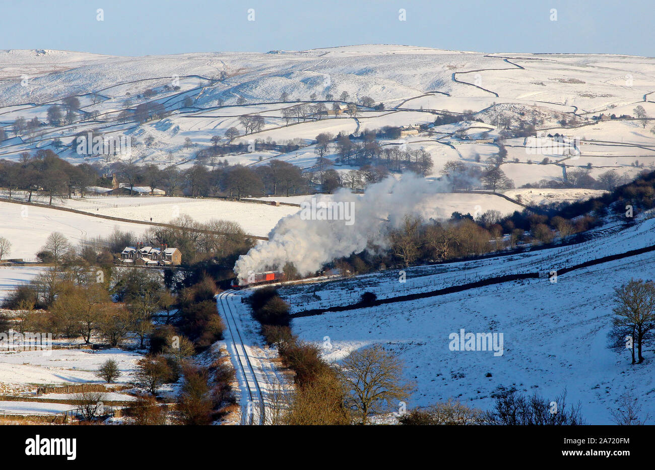 'Darfield' heads along the Embsay and Bolton Abbey railway near Stoneacre loop. Stock Photo