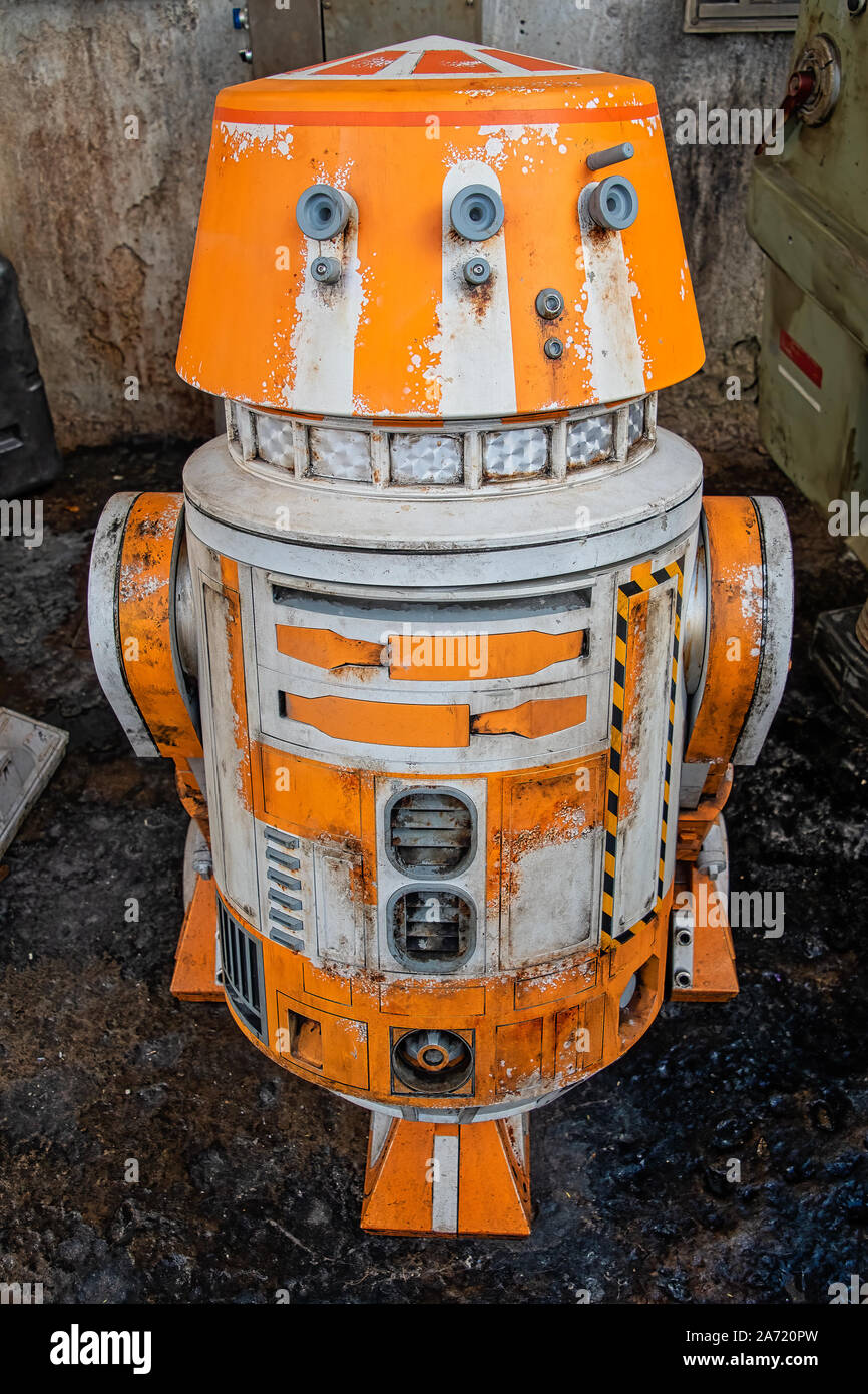Serafín cuchara Historiador Orange and White R5 droid at Galaxy's Edge Star Wars Land Stock Photo -  Alamy