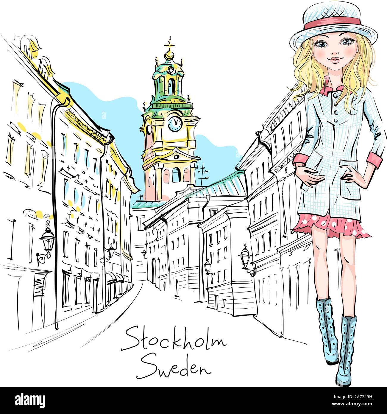 Vector beautiful fashion girl in autumn clothes, hat and boots, jacket and skirt in Gamla Stan, Old Town of Stockholm, the capital of Sweden Stock Vector