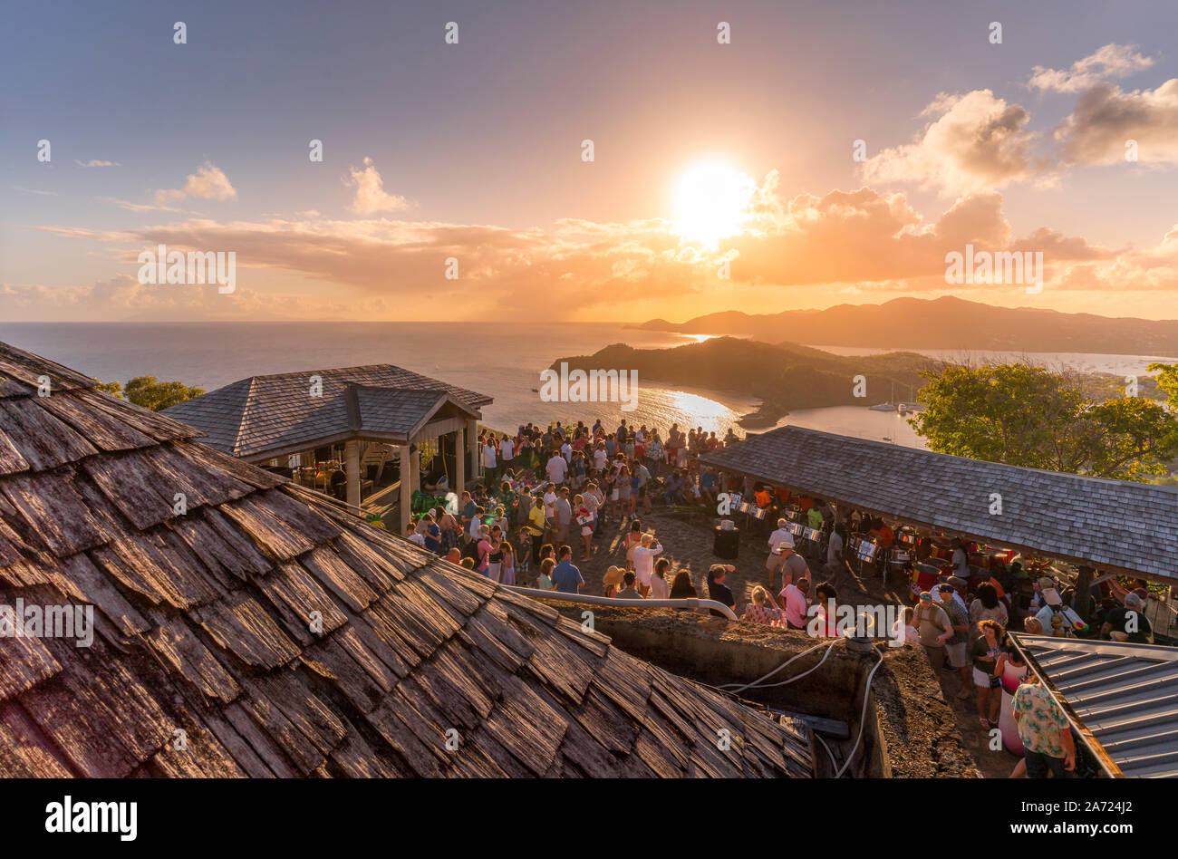 People during the famous sunset party at Shirley Heights, Antigua, Antigua and Barbuda, Caribbean, West Indies Stock Photo