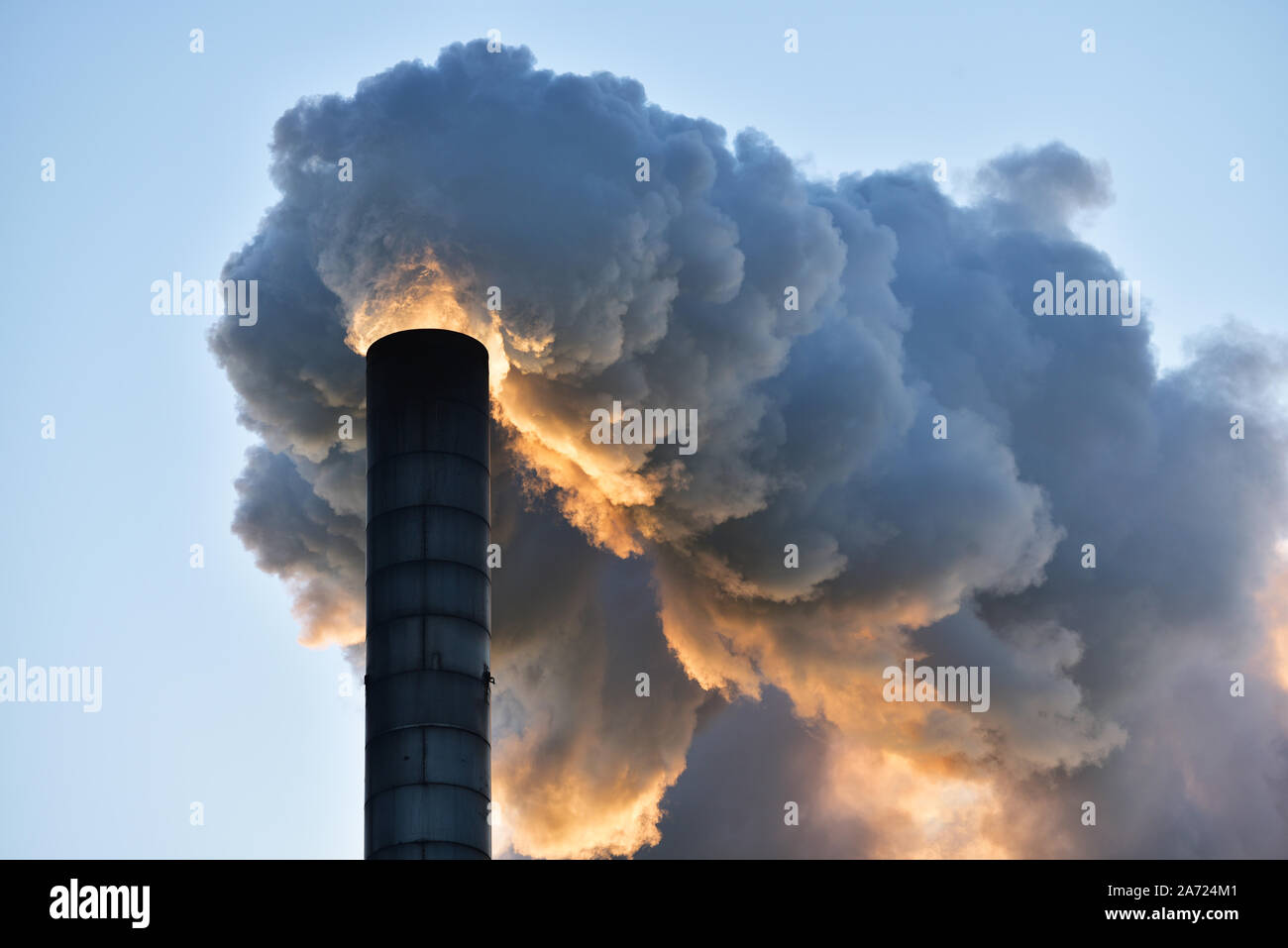 Industrial smoking chimney, against clear sky at sunset. Stock Photo