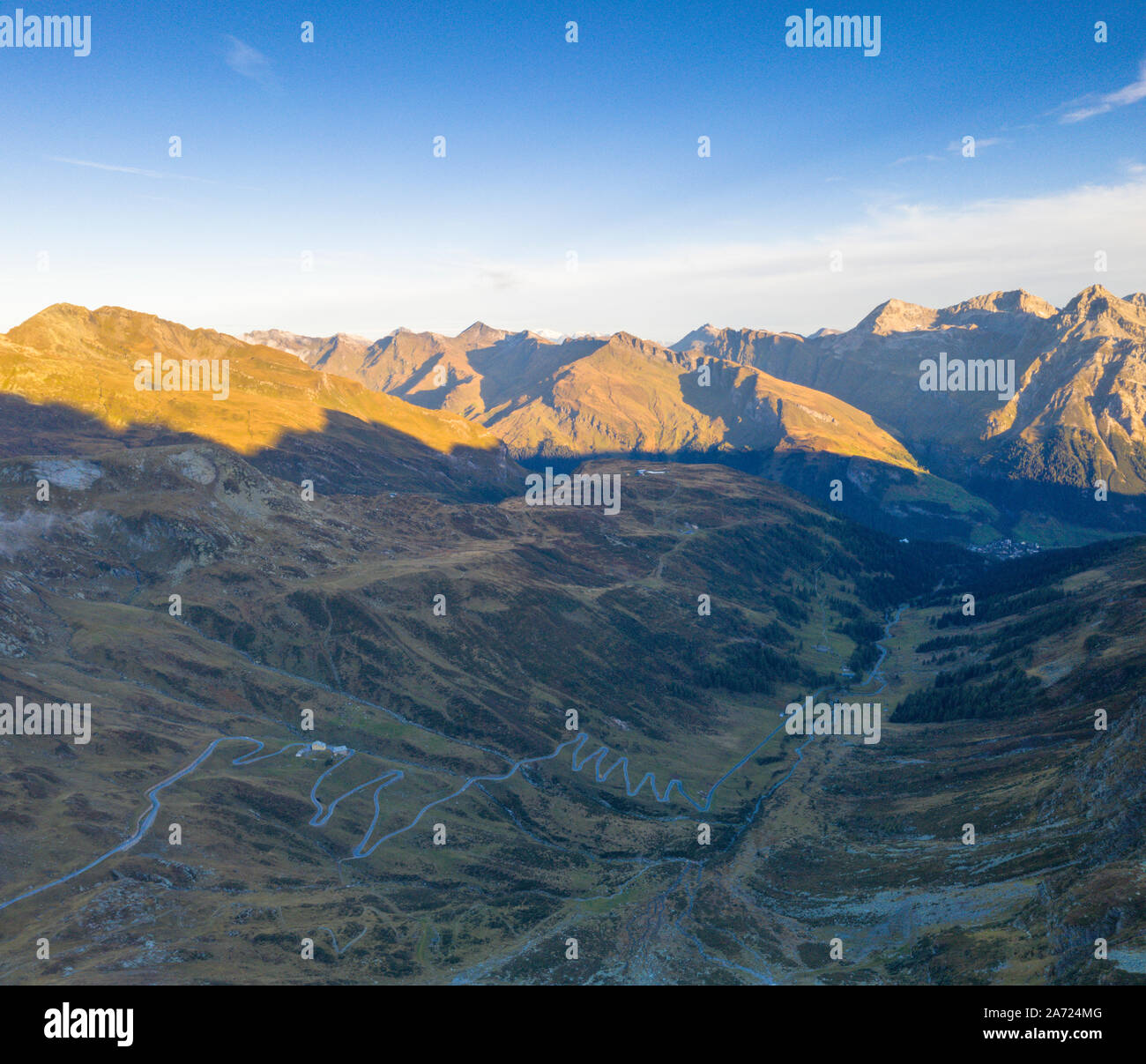 Aerial view of hairpin curves of Spluga mountain road towards Splugen, canton of Graubunden, Switzerland Stock Photo