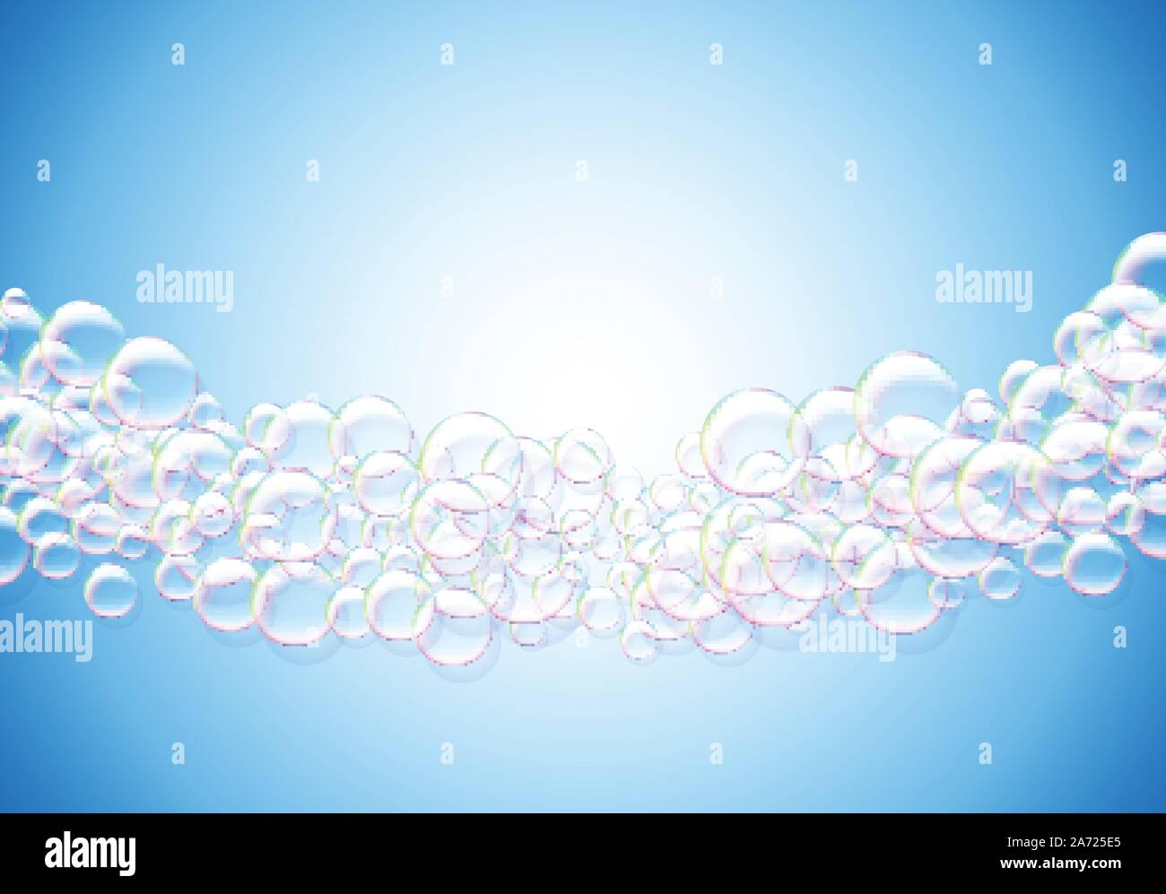 Soap bubbles abstract blue background with rainbow colored airy foam ...