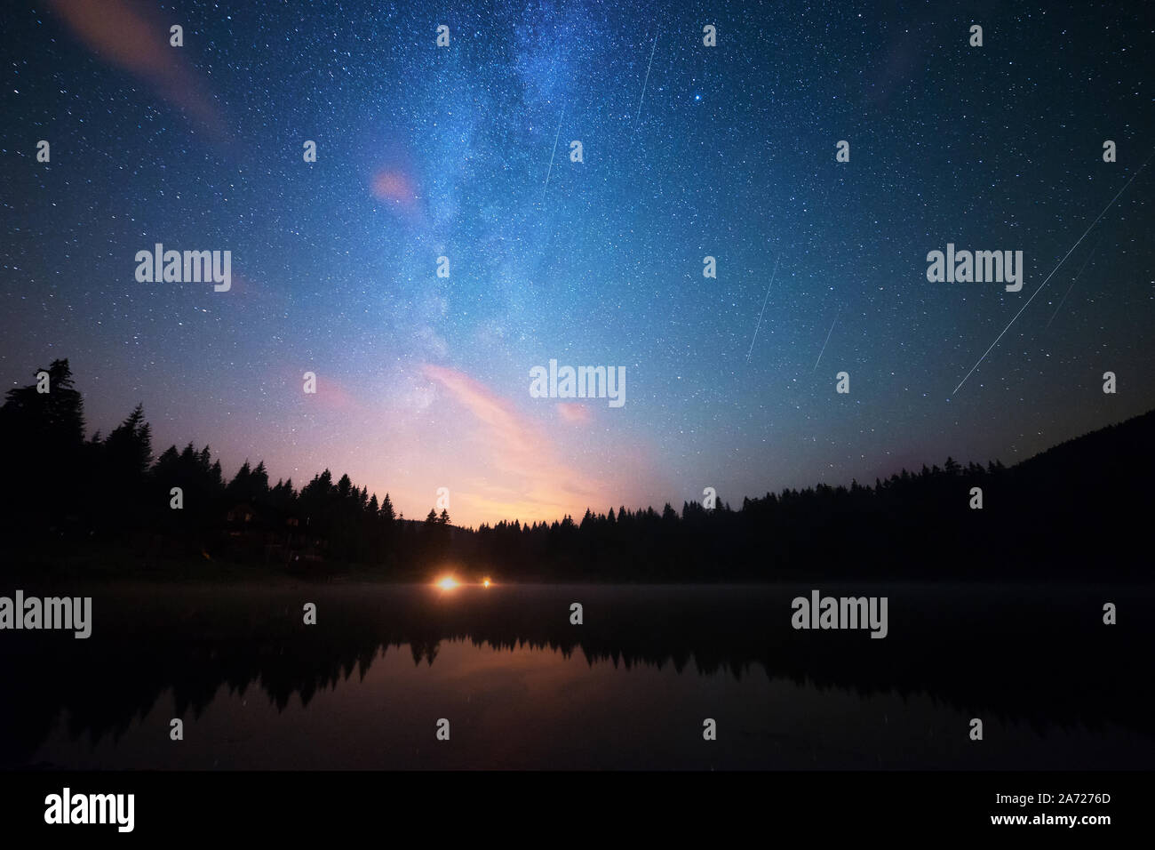 The Perseids, Meteor Shower Above The Lake Stock Photo