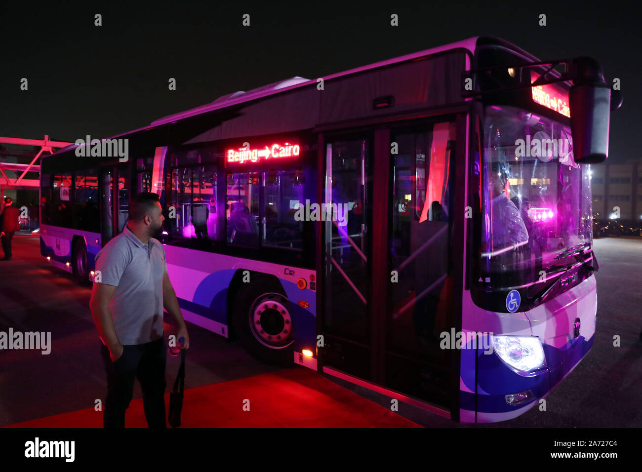 (191029) -- SALAM CITY (EGYPT), Oct. 29, 2019 (Xinhua) -- A Foton electric bus is seen in Salam City, east of Cairo, capital of Egypt, on Oct. 29, 2019. Egypt's Ministry of Military Production and China's vehicle manufacturer Foton Motor celebrated on Tuesday the launch of a new project for jointly manufacturing electric buses in Egypt. During a ceremony in Salam City, both sides also celebrated the delivery of Foton's first batch of two electric buses for Egypt. (Xinhua/Ahmed Gomaa) Stock Photo