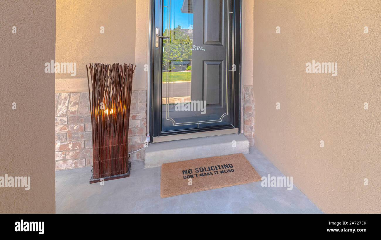Panorama Frame Front Door And Porch Of Modern Rendered Home Stock