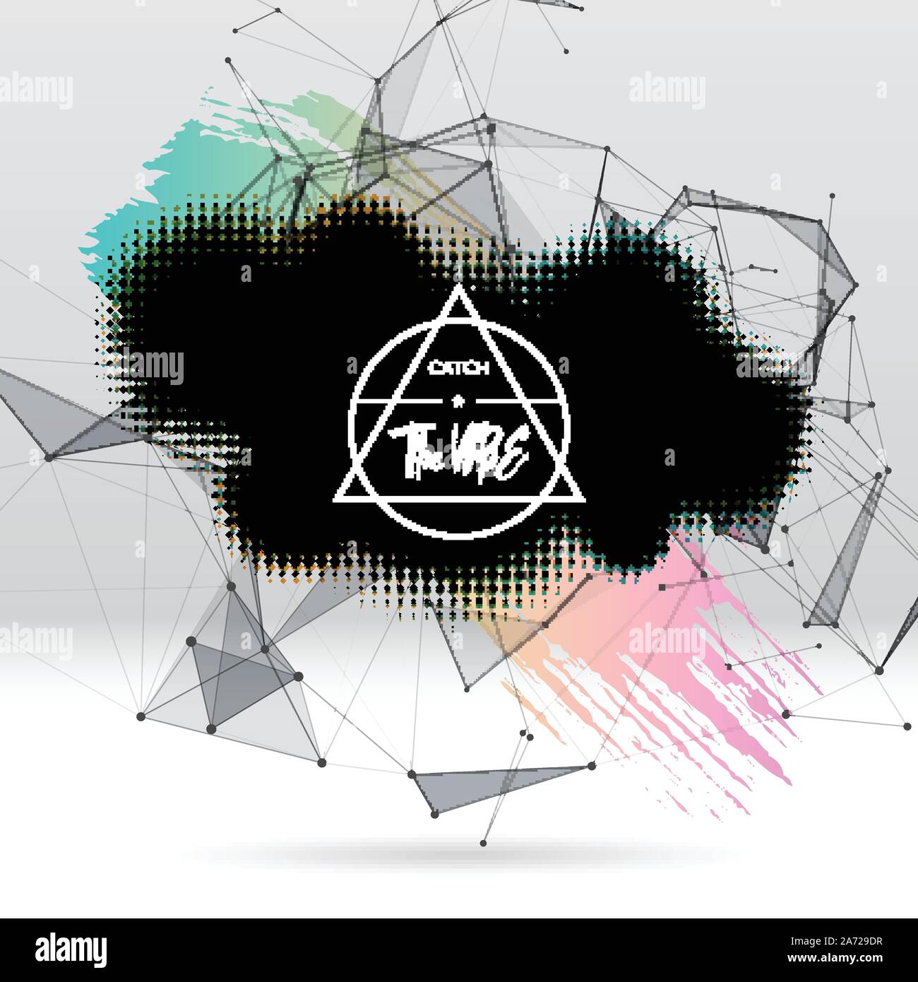 Background with brush stroke, blot, triangular grid and label Stock Vector