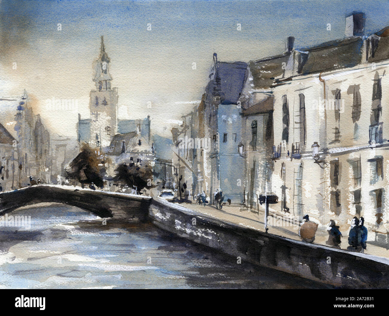 Church rising over medieval buildings of Bruges, Belgium at Jan Van