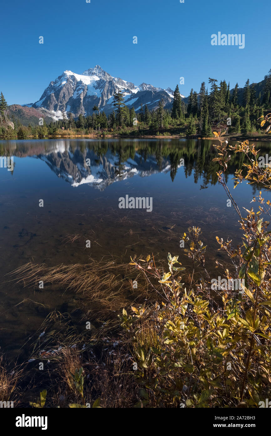 Calm waters of Mirror Lake near Mount Baker, Washington State, reflect