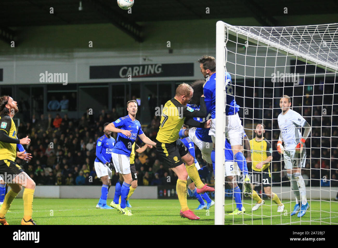 Burton Upon Trent, UK. 29th Oct, 2019. Christian Fuchs of Leicester City (28) denies Liam Boyce of Burton Albion (27) with a header off the line during the EFL Carabao Cup round of 16 match between Burton Albion and Leicester City at the Pirelli Stadium, Burton upon Trent, England. Photo by Mick Haynes. Editorial use only, license required for commercial use. No use in betting, games or a single club/league/player publications. Credit: UK Sports Pics Ltd/Alamy Live News Stock Photo
