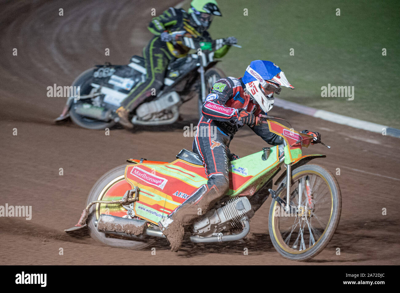 Manchester, UK. 29th Oct, 2019. MANCHESTER, ENGLAND OCTOBER 29TH Ben Woodhull (Blue) leads Ryan Terry-Daley (Yellow) during the Belle Vue Colts v Leicester Lion Cubs, SGB National League KO Cup Final (2nd Leg) at Belle Vue National Speedway Stadium, Manchester, Tuesday 29 October 2019 (Photo: Ian Charles | MI News) © MI News Credit: MI News & Sport /Alamy Live News Stock Photo