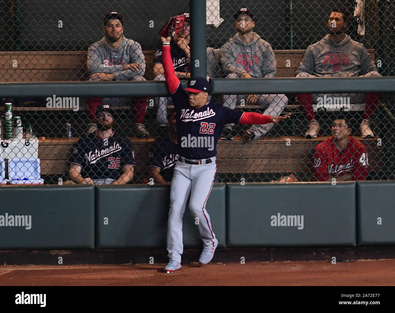 Houston, United States. 29th Oct, 2019. Washington Nationals left fielder Juan Soto grabs Houston Astros Jordan Alvarez's fly ball to the wall to end the first inning in Game 6 of the 2019 World Series at Minute Maid Park in Houston on Tuesday, October 29, 2019. The Astros lead the series 3-2 over the Nationals. Photo by Kevin Dietsch/UPI Credit: UPI/Alamy Live News Stock Photo