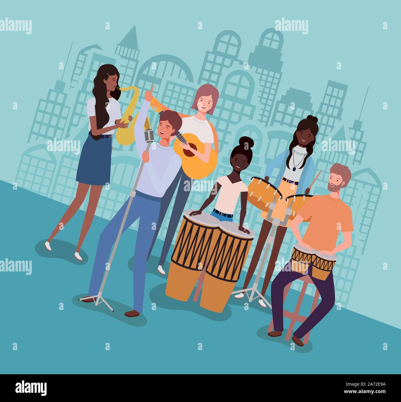 group music band playing instruments characters Stock Vector Image