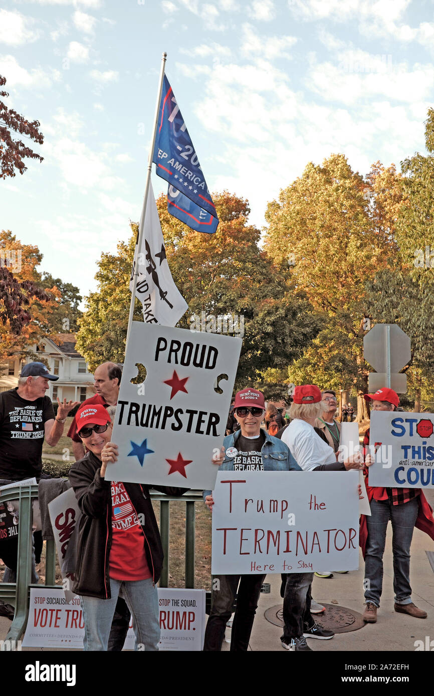 Trump supporters rally on the Otterbein University campus in Westerville, Ohio where a Democrat town hall was hosted. Stock Photo