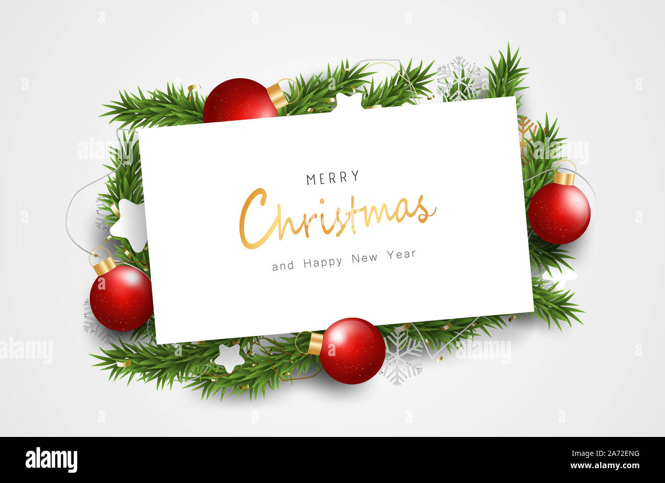 Merry Christmas and Happy New Year on white sign. Clean Background With Typography and Elements. Stock Photo