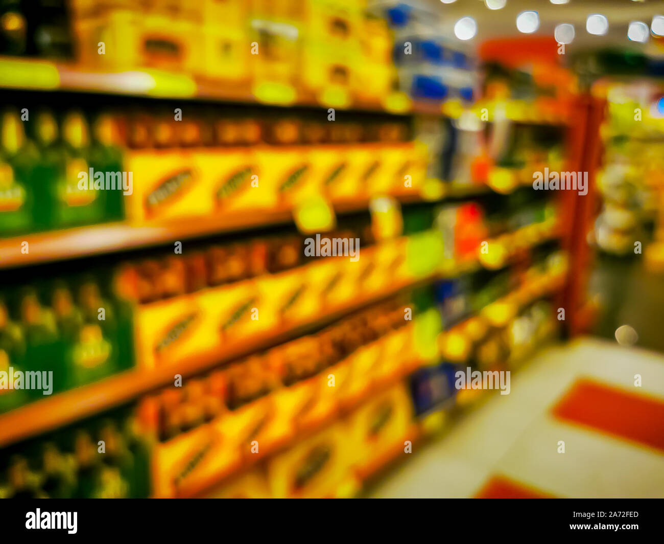 Convenience store shelves interior blur background , Blurred