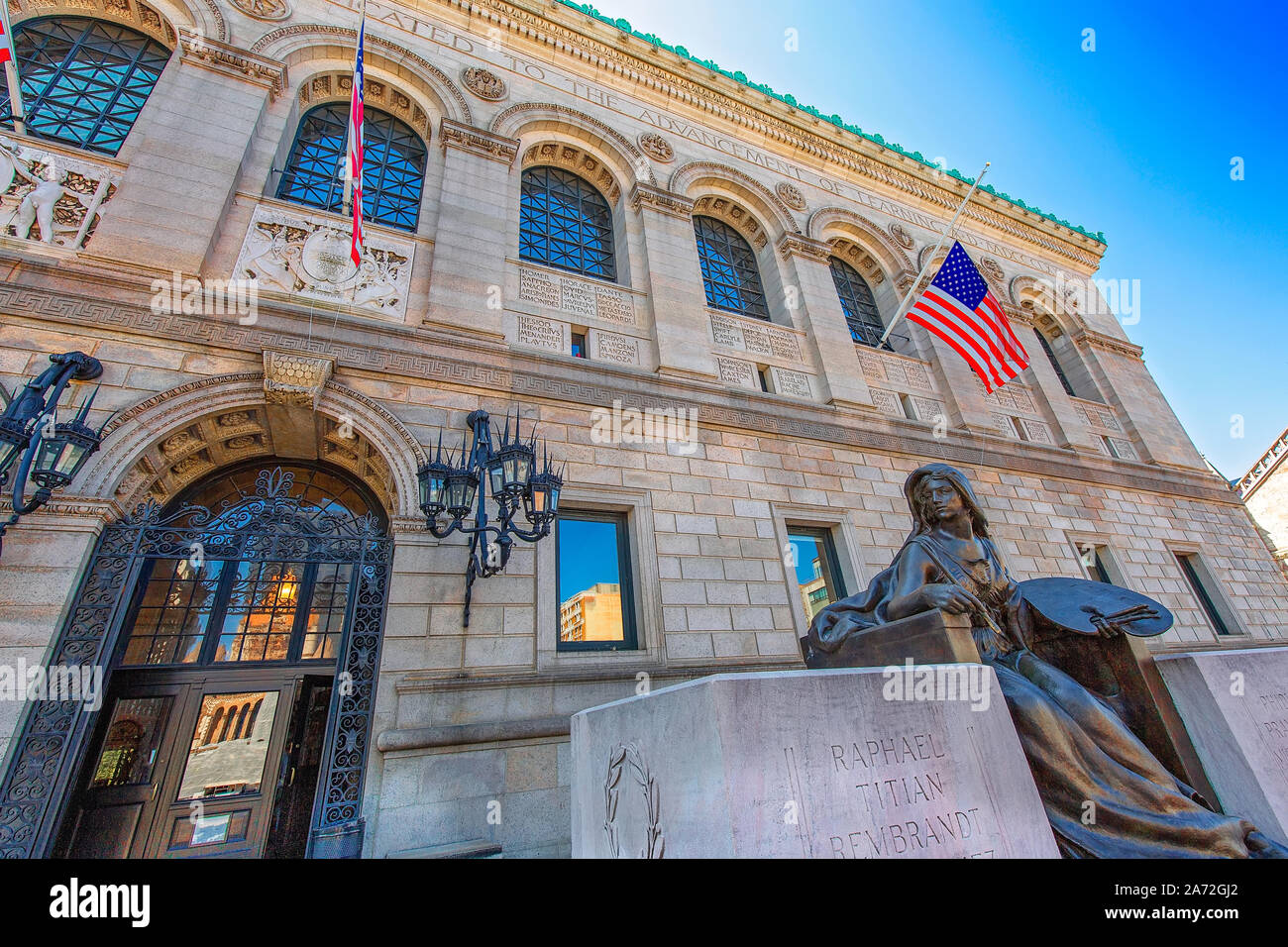 Boston Public Library entrance facing Copley Square Stock Photo