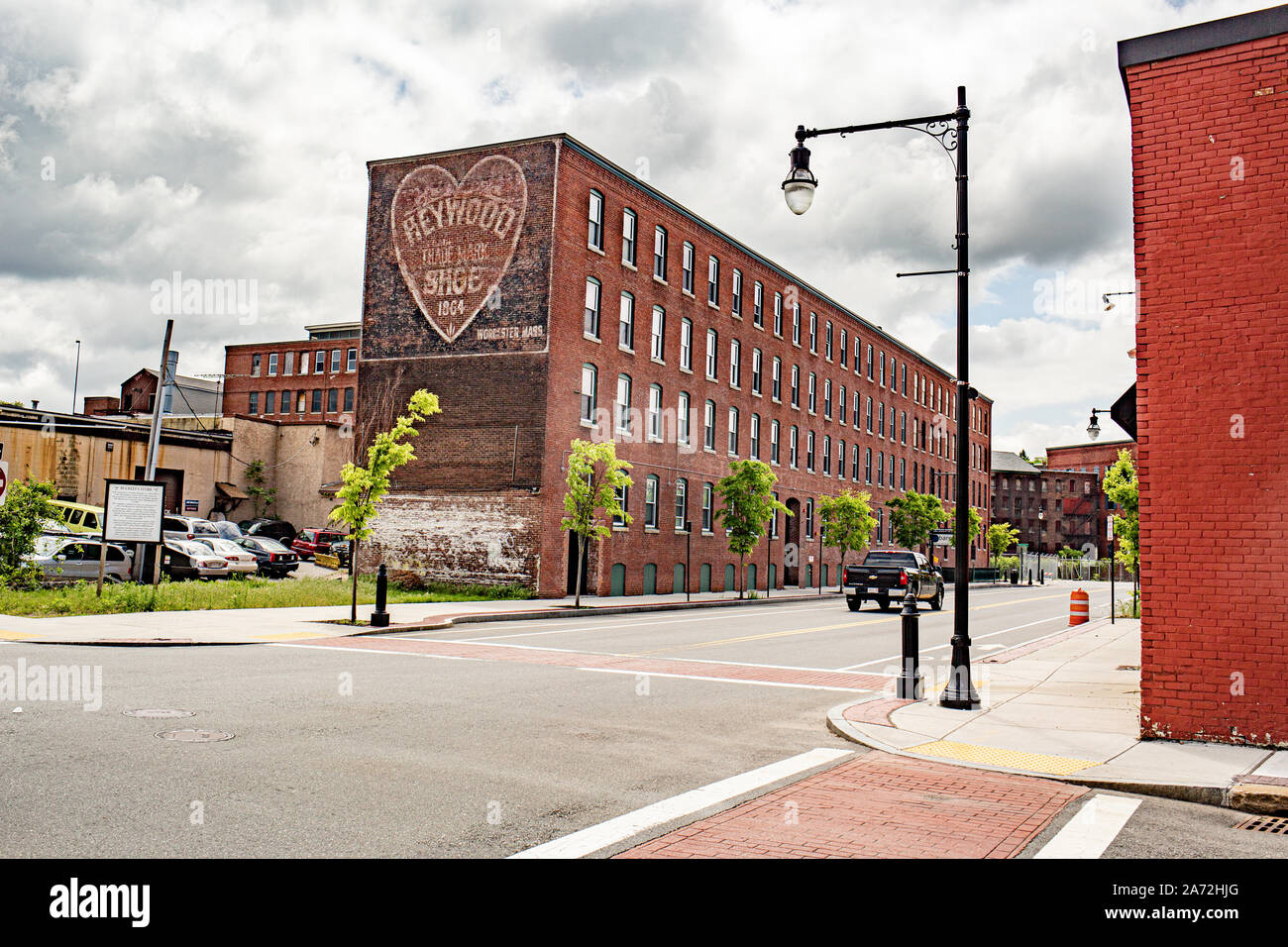 The old Heywood Shoe factory building in Worcester, MA Stock Photo