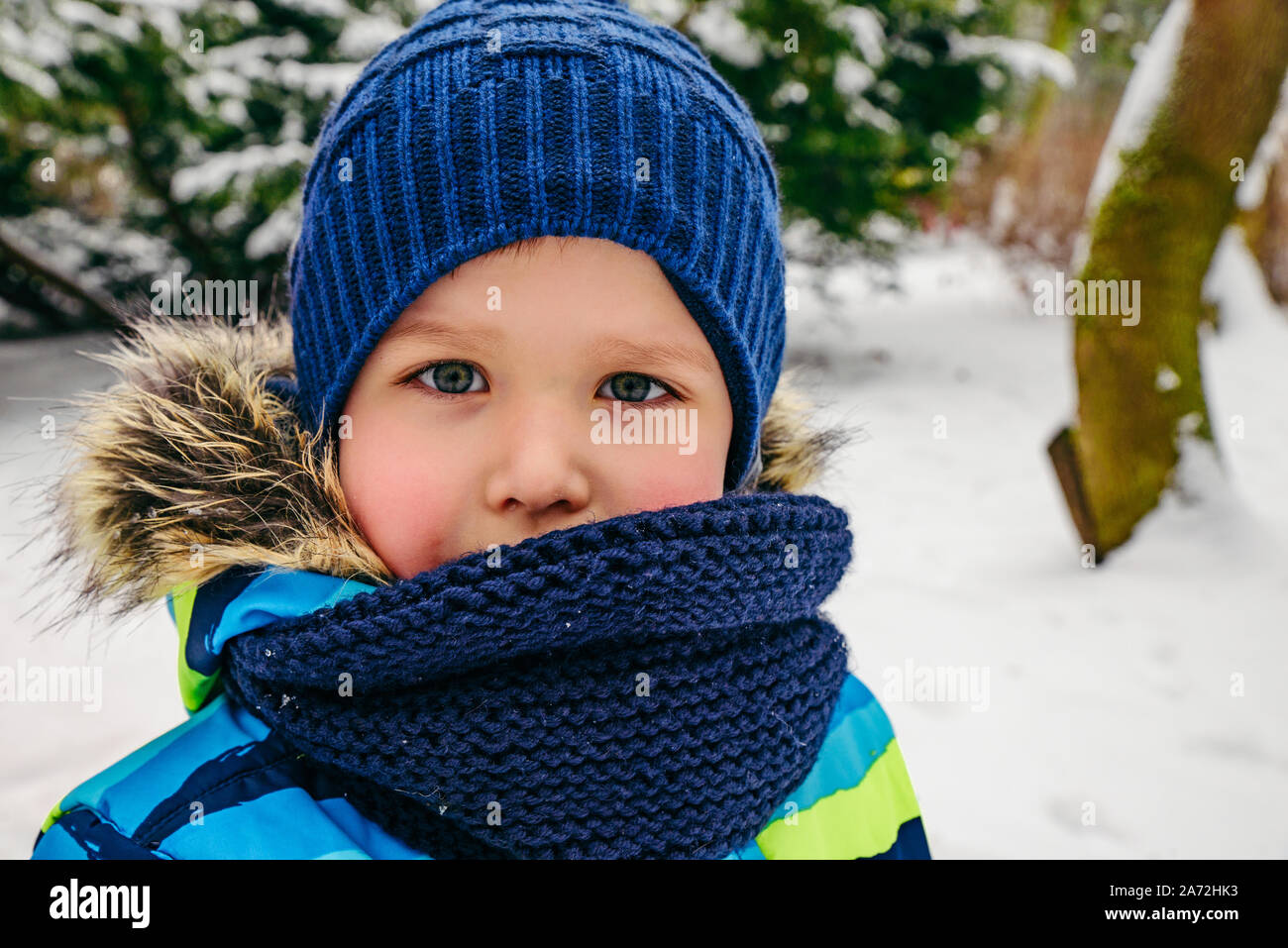 cute little toddler boy portrait in hat and scarf Stock Photo