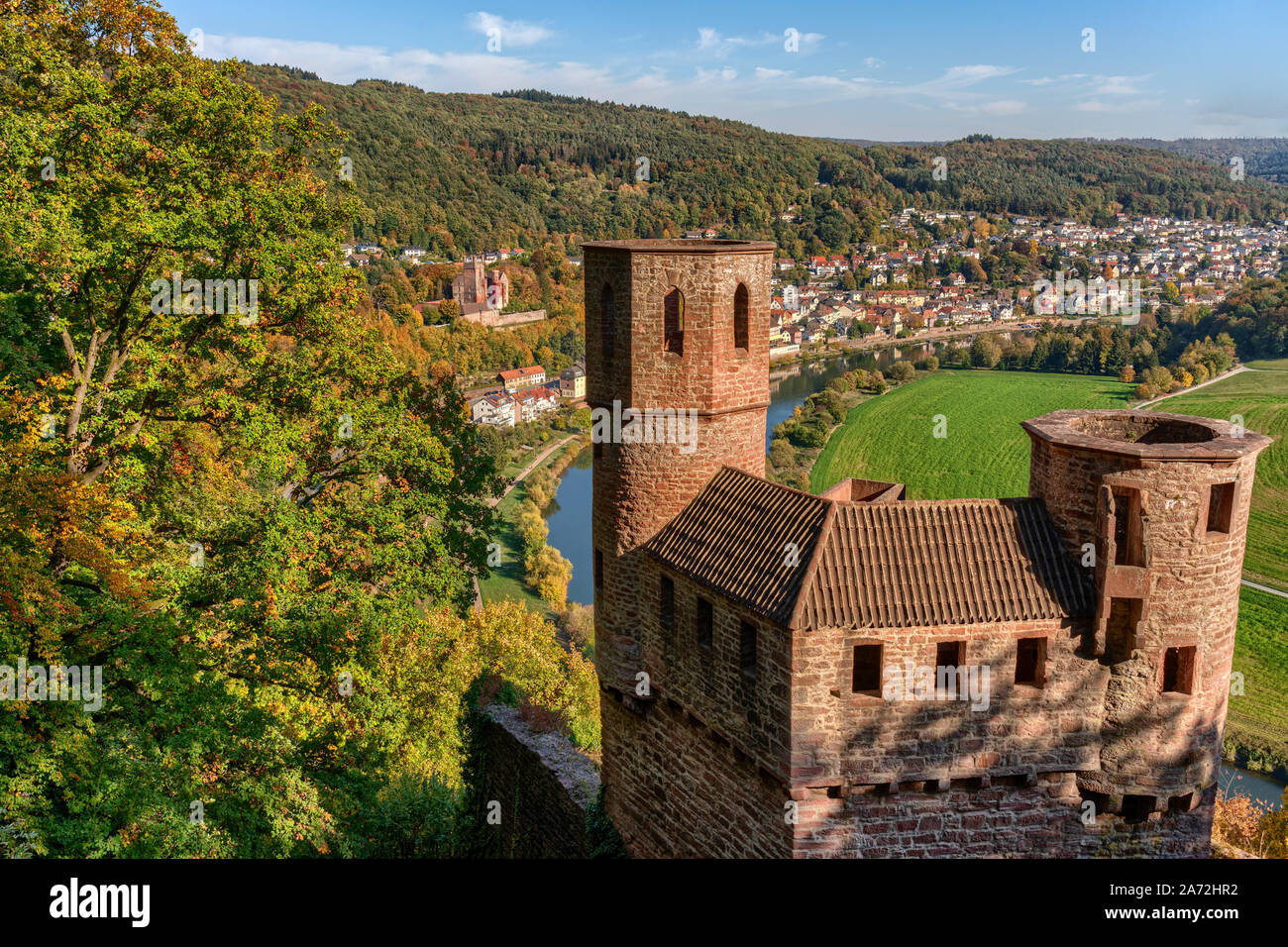 View over the castle Schadeck towards Neckarsteinach at the Neckar river near Heidelberg Stock Photo