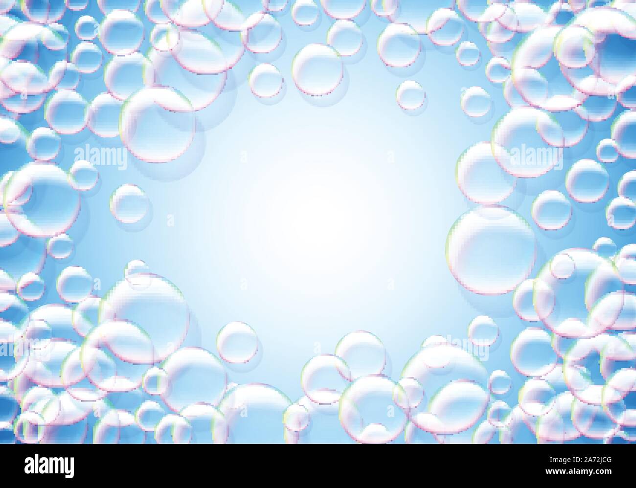 Soap bubbles abstract blue background with rainbow colored airy foam ...