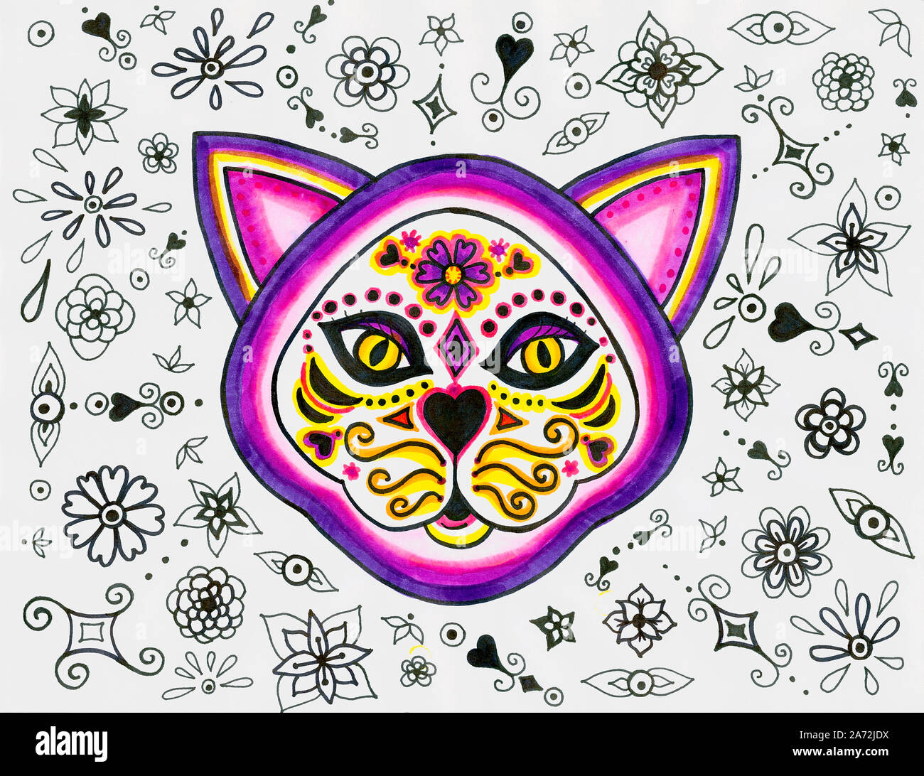 Day of the Dead Cat Skeleton, Mexican Death illustration Stock Photo