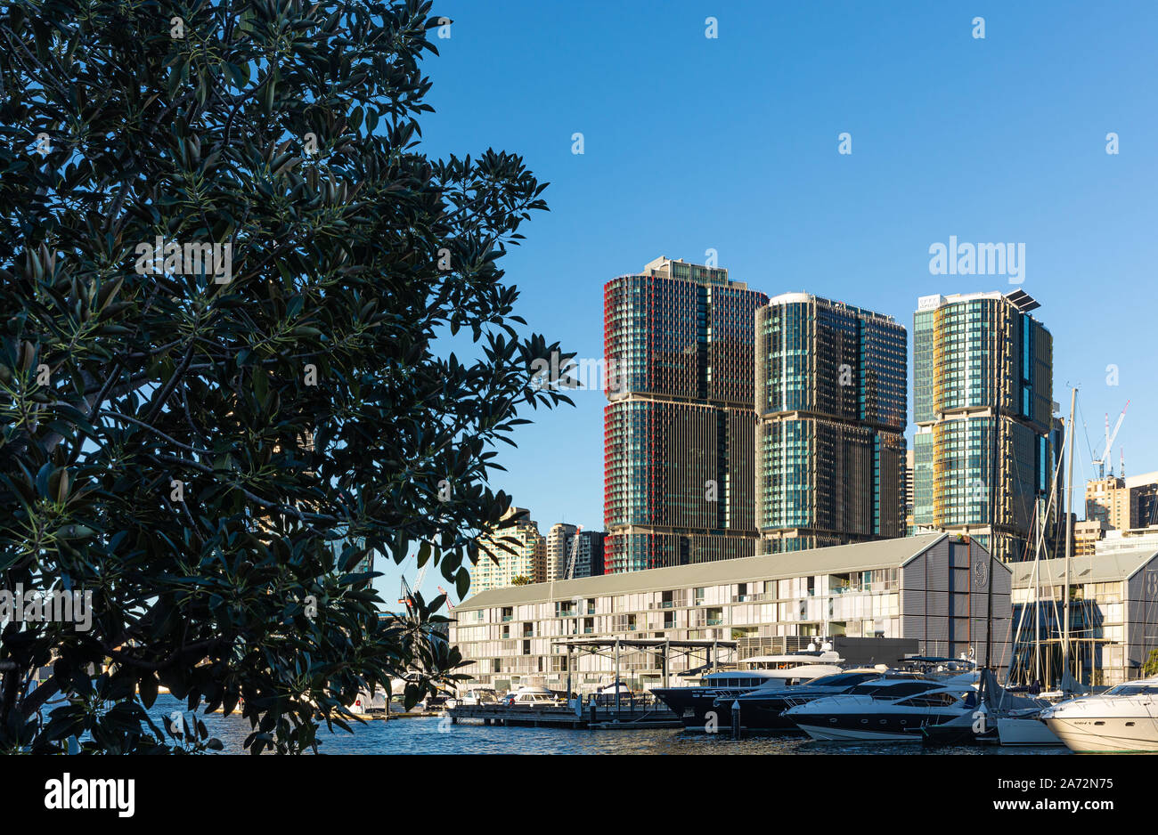 A distant view of the Barangaroo complex in Central Sydney, Australia Stock Photo