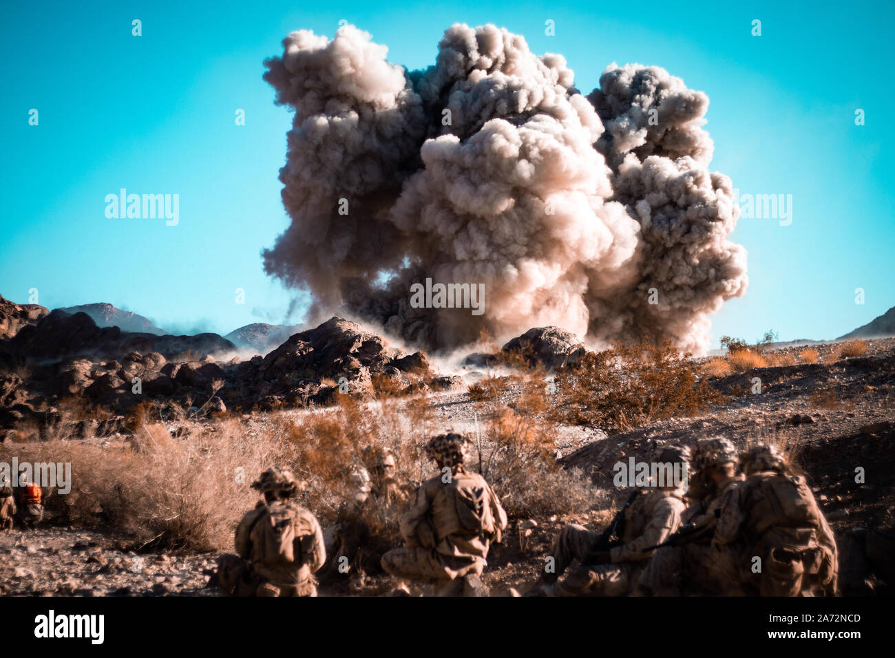 U.S. Marines with 1st Battalion, 6th Marine Regiment, 2nd Marine Division detonate Bangalore Torpedoes during Integrated Training Exercise (ITX) 1-20, at Marine Corps Air Ground Combat Center, Twentynine Palms, Calif., Oct. 12, 2019. The purpose of ITX 1-20 is to create a challenging, realistic training environment that produces combat-ready forces capable of operating as an integrated Marine Air Ground Task Force (MAGTF) and to prepare units to participate in the MAGTF warfighting exercise scheduled to be held early November.  (U.S. Marine Corps photo by Lance Cpl. Shane T. Beaubien) Stock Photo