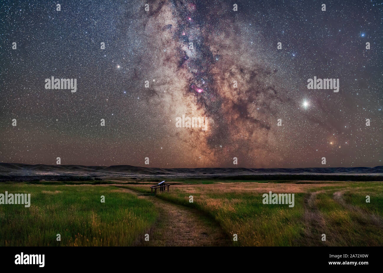 The core of the Milky Way in Sagittarius low in the south over the Frenchman River valley at Grasslands National Park, Saskatchewan. This is from the Stock Photo